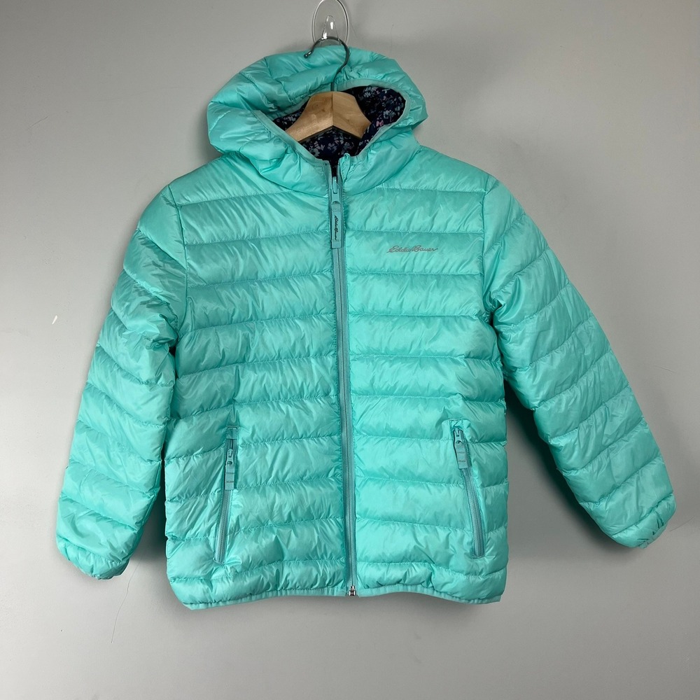 Eddie Bauer Kids Reversible Down Puffer Jacket Turquoise Floral Size M 10/12